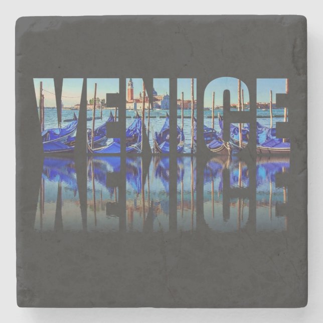 Venice text with reflection square stone coaster (Front)