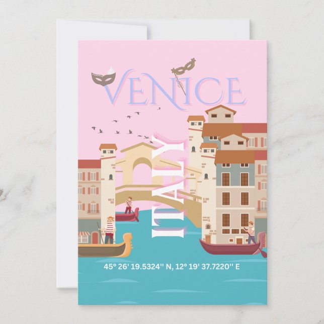 Venice Travel Art, Italy, Retro Travel Art Holiday Card (Front)