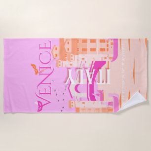 Venice Travel Art, Italy, Travel Art, Retro, Pink Beach Towel