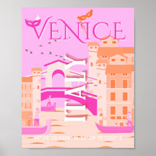 Venice Travel Art, Italy, Travel Art, Retro, Pink Poster