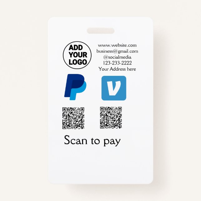Venmo paypal scan to pay add q r code logo text na ID badge (Front)