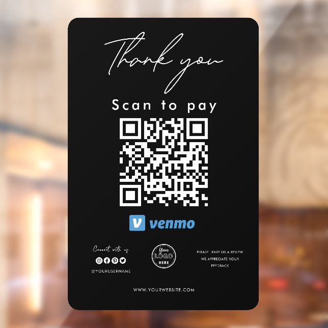 Venmo QR Code Logo Scan to Pay Thank you Black Window Cling (Sheet 2)