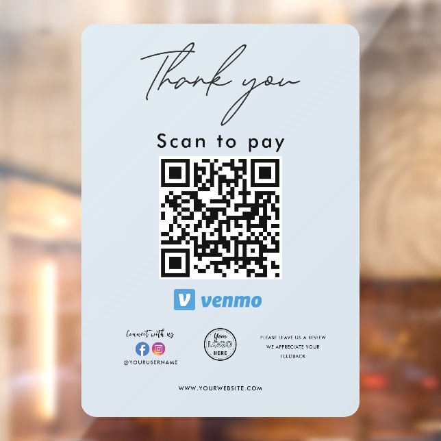 Venmo QR Code Logo Thank you Scan to Pay Window Cling (Sheet 2)
