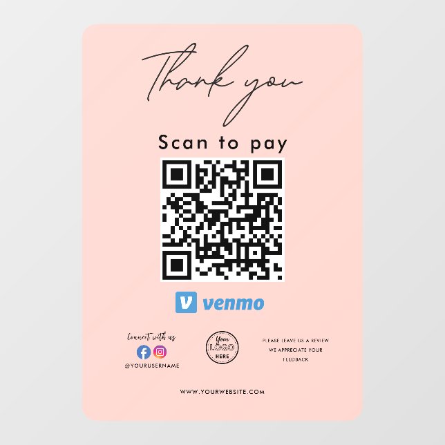 Venmo QR Code Logo Thank you Scan to Pay Window Cling (Sheet)