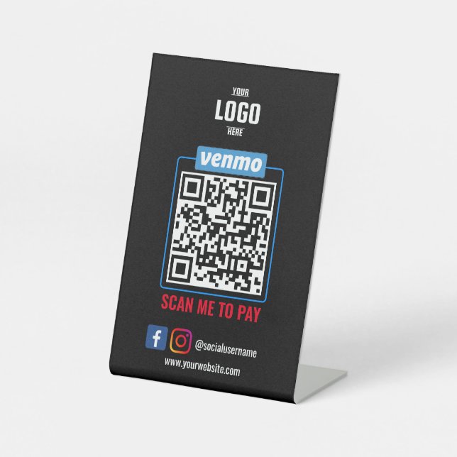 Venmo QR Code Payment | Black Scan to Pay Business Pedestal Sign (Front)