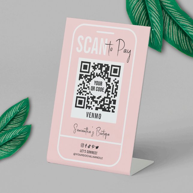 Venmo QR Code Payment Blush Pink Logo Scannable Pedestal Sign (Make custom scannable QR code payment signs for your business with this trendy pink design)
