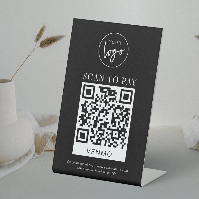 Venmo QR Code Payment Minimal Black Logo Pay Here Pedestal Sign (Minimalist scannable payment QR sign in black and white with space for your logo)