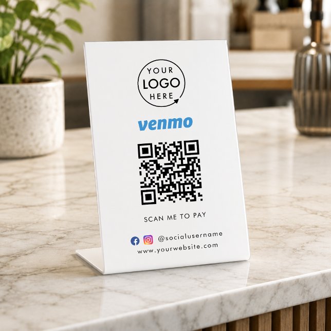 Venmo QR Code Payment | Scan to Pay Business Logo Pedestal Sign (Interactive "scan to pay” QR code cash wrap table signage for collecting digital payment by Venmo.)