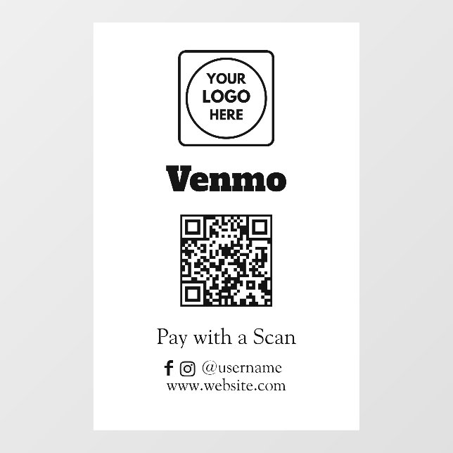 Venmo QR Payment | Scan to Pay Business Display Window Cling (Sheet)