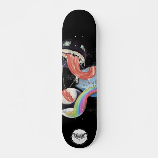 Venom look alike licking rainbow xmas world skateboard (Front)