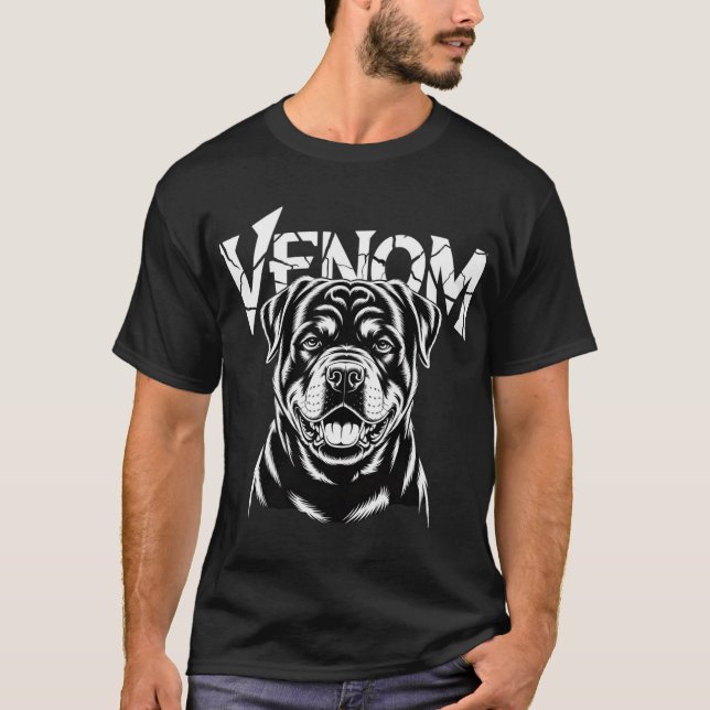 Venom Rottweiler Dog Black & White Design T-Shirt (Front)