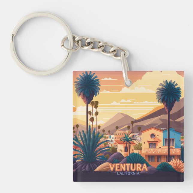 Ventura Sunset Mountains Southern California Retro Key Ring (Front)