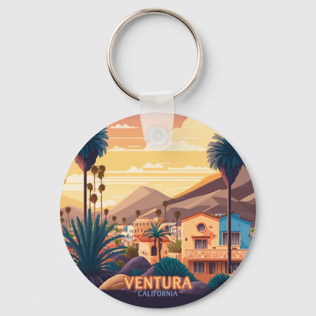 Ventura Sunset Mountains Southern California Retro Key Ring (Front)
