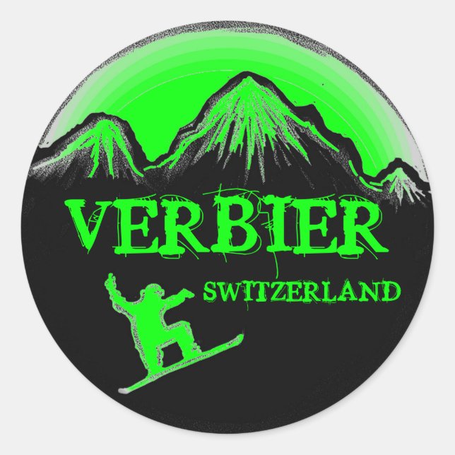 Verbier Switzerland green snowboard stickers (Front)