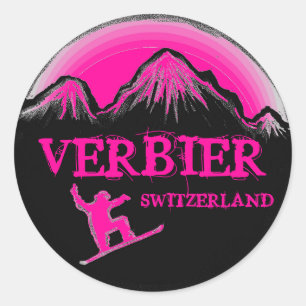 Verbier Switzerland pink snowboard stickers