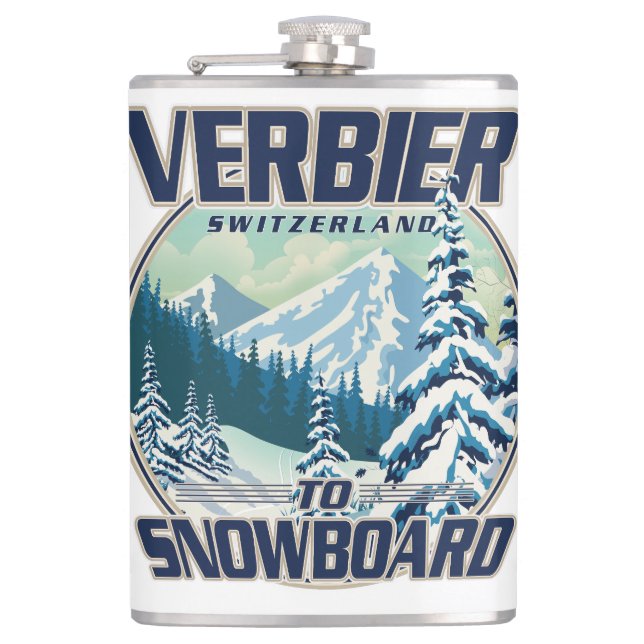 Verbier Switzerland Snowboard Travel logo Hip Flask (Front)
