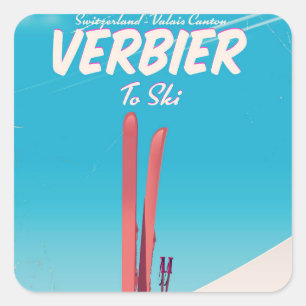 Verbier, Switzerland vintage ski travel poster. Square Sticker