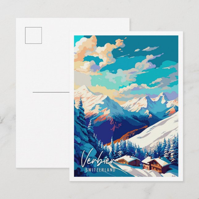 Verbier Switzerland vintage travel illustration Postcard (Front/Back)