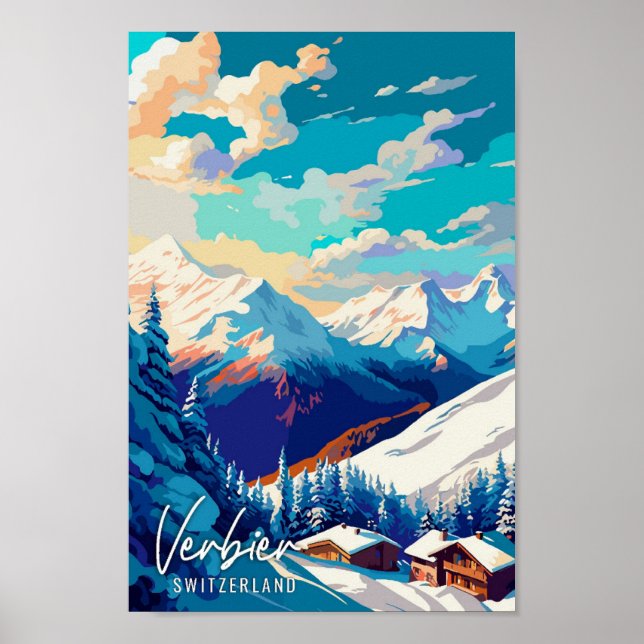 Verbier Switzerland vintage travel illustration Poster (Front)