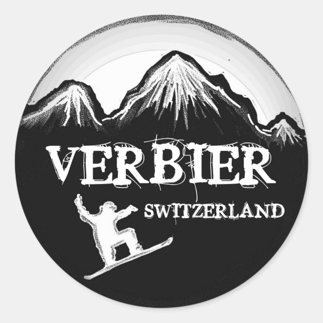 Verbier Switzerland white black snowboard stickers (Front)