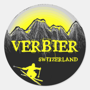 Verbier Switzerland yellow skier mountains sticker