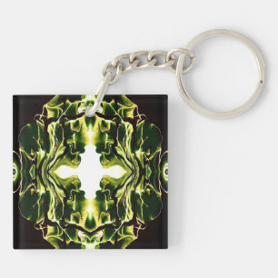 Verdant Abstract Green Gold Black White Fluid Art Key Ring