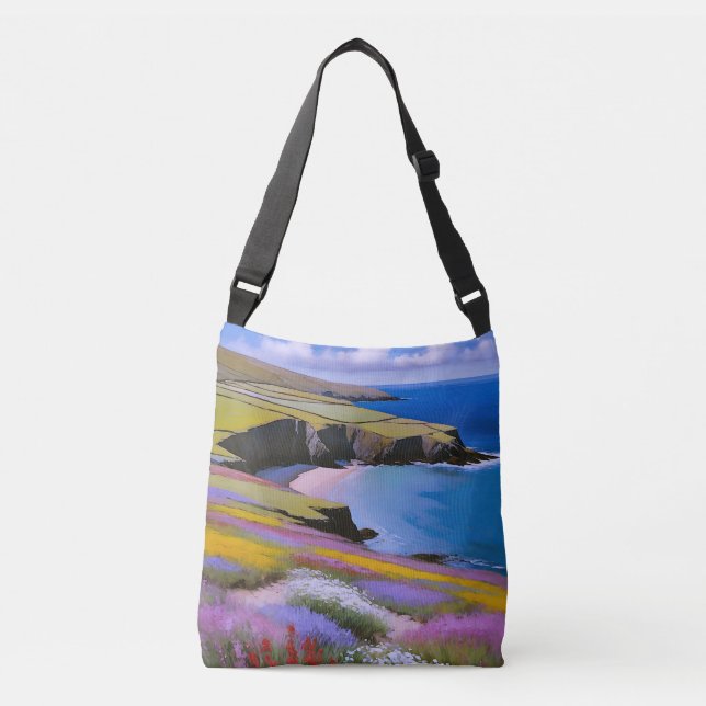 Verdant Cliffs and Azure Waves Crossbody Bag (Front)