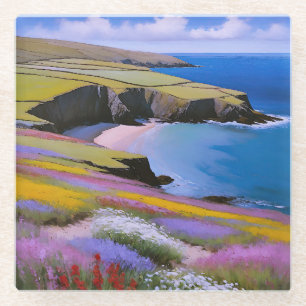 Verdant Cliffs and Azure Waves Glass Coaster