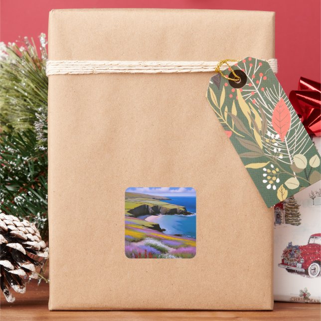 Verdant Cliffs and Azure Waves Square Sticker (Holiday)