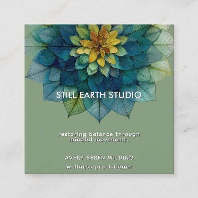 Verdant Harmony | Leaf Mandala Square Business Card (Front)