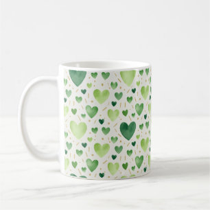 Verdant Hearts: Hand-Painted Emerald & Gold Coffee Mug