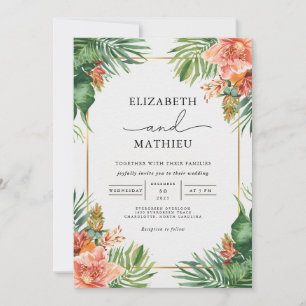 Verdant Palms & Coral Blooms Wedding Invitation