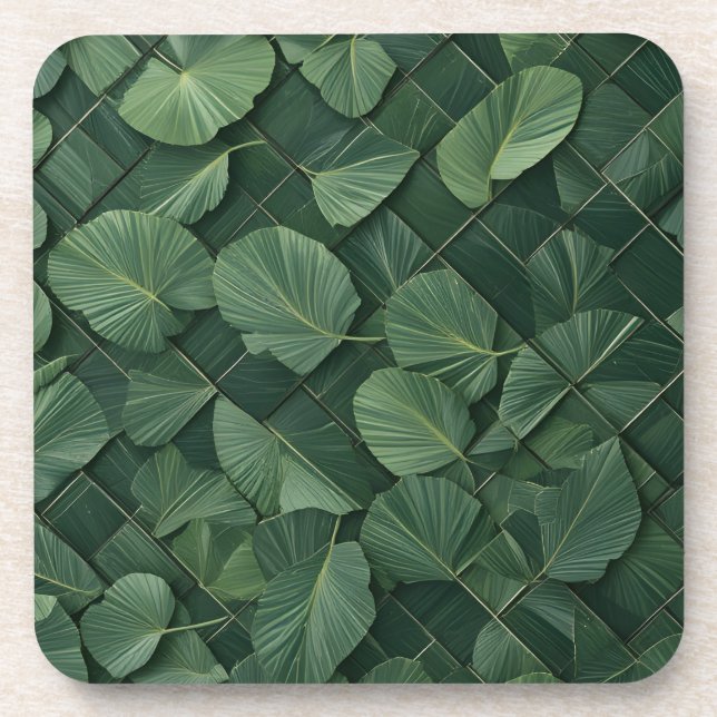 Verdant Rhythm: Tropical Leaf Grid Coaster (Front)