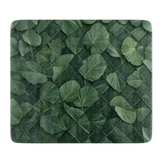 Verdant Rhythm: Tropical Leaf Grid Cutting Board (Front)