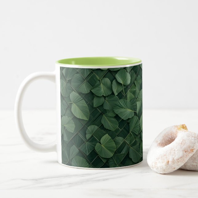 Verdant Rhythm: Tropical Leaf Grid Two-Tone Coffee Mug (With Donut)
