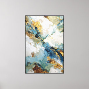 Verdant Veins: Blue & Gold Abstract Wall Art