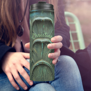 Verdegris Bronze Colour Leaf Pattern Custom Name Thermal Tumbler