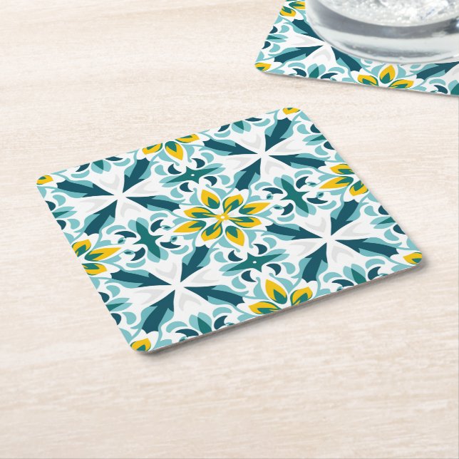 💛 💚 VerdeSol Azulejo Harmony Square Paper Coaster (Angled)