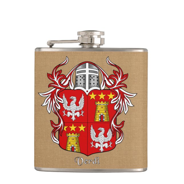 Verdi Heraldic Shield with Helm and Mantle Hip Flask (Front)
