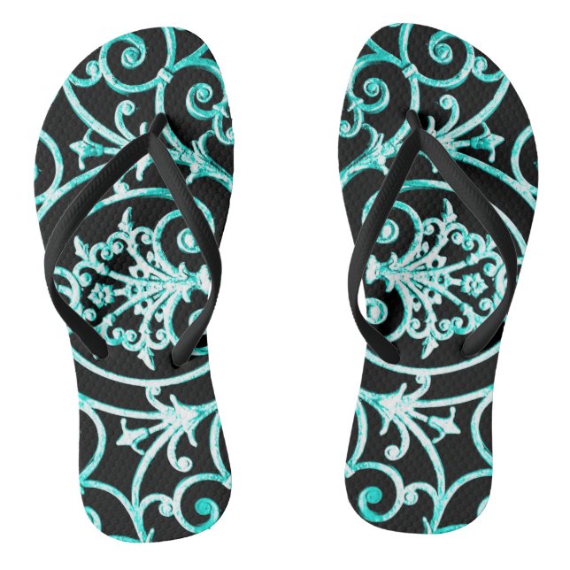 Verdigris and black scrollwork pattern flip flops (Footbed)