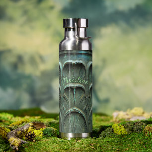 Verdigris Bronze Colour Leaf Pattern Custom Name T Water Bottle
