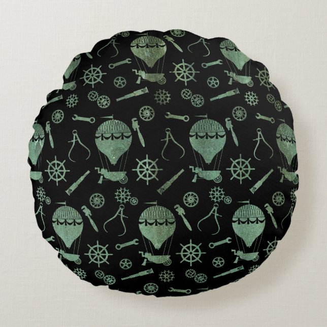 Verdigris Bronze Steampunk Balloon Theme Round Cushion (Front)