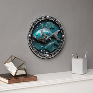 Verdigris Pisces Sculptured Art Large Clock