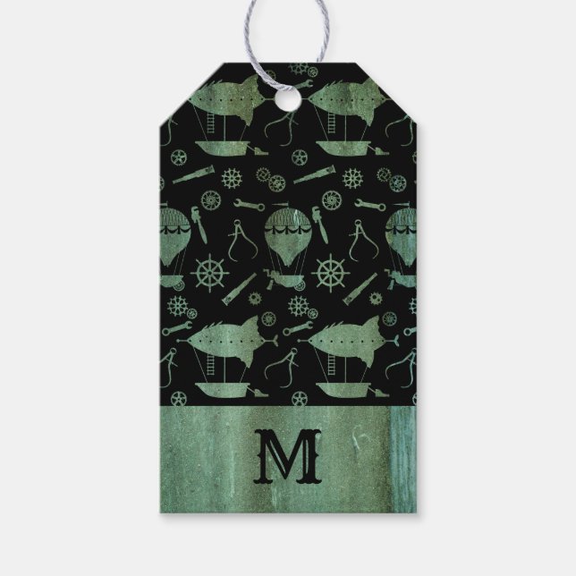 Verdigris Steampunk Airships Monogram Gift Tags (Front)
