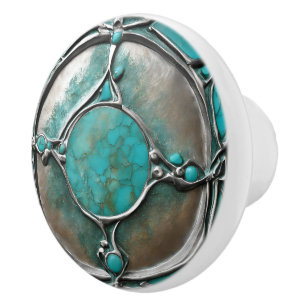 Verdigris Turquoise & Silver Art Deco Ceramic Knob