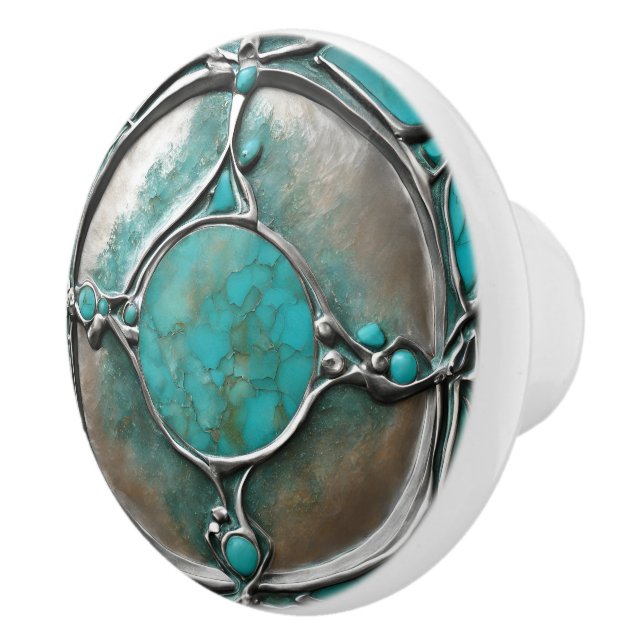 Verdigris Turquoise & Silver Art Deco  Ceramic Knob (Right)
