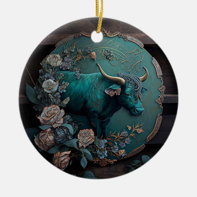Verdigris Zodiac Taurus Metal Art Ceramic Tree Decoration (Front)