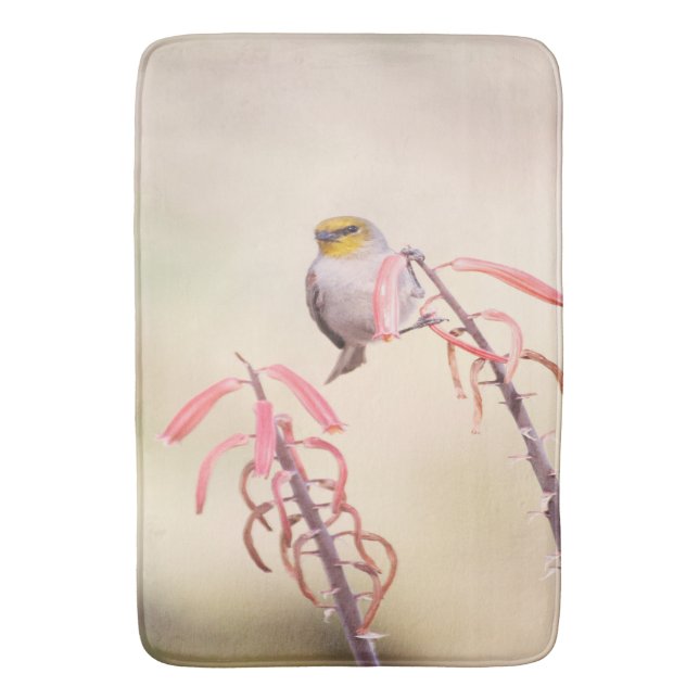 Verdin perched on penstemon bath mat (Front Vertical)