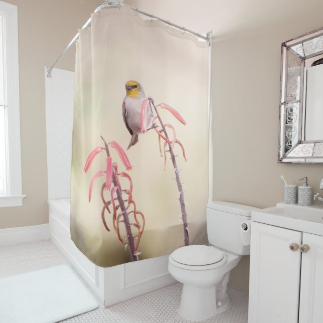 Verdin perched on penstemon shower curtain (In Situ)