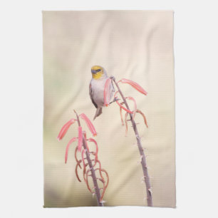 Verdin perched on penstemon tea towel